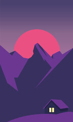 Creative concept vector illustration lonely cabin in north winter mountains.