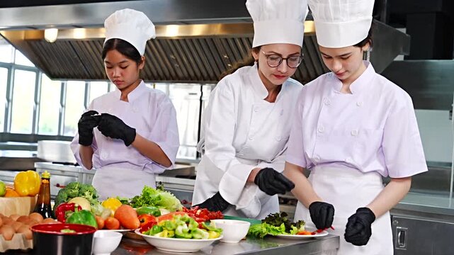 Female chef teaches cooking to two teenage girls, learning how to select vegetables, preserve food and cook, everyone wears black gloves in cooking class.