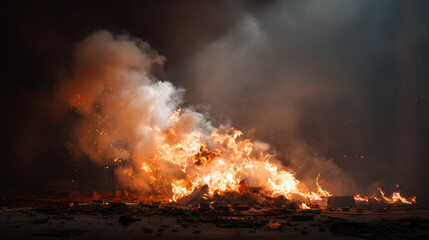 Obraz premium Intense inferno consuming debris with thick smoke and fiery embers in a dark, chaotic environment