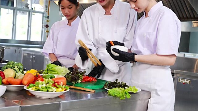 Female chef teaches cooking to two teenage girls, learning how to select vegetables, preserve food and cook, everyone wears black gloves in cooking class.