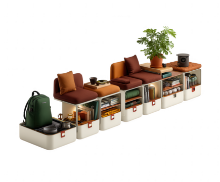 Modular seating unit with integrated storage and green backpack isolated on transparent background