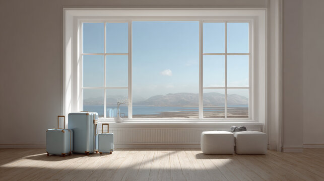 Minimalist room with suitcases by the window reflects solo travel, mobility, and the digital nomad aesthetic