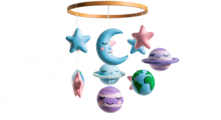 Baby mobile with moon stars and planets on white background