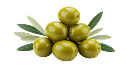 A close-up studio shot features three green olives stacked on top of each other, accented by a small olive branch with leaves.