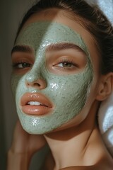 Fototapeta premium Woman with green clay facial mask. Skincare daily routine. Wellness, skin care, beauty brand campaign ad. Soft focus, natural lightning, elegant, sophisticated aesthetic