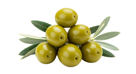 Obraz premium A close-up studio shot features three green olives stacked on top of each other, accented by a small olive branch with leaves.