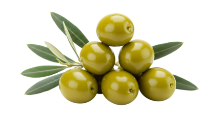 A close-up studio shot features three green olives stacked on top of each other, accented by a small olive branch with leaves.
