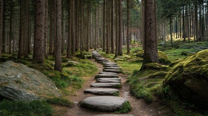 Pathway through a moss-covered forest
