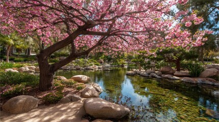 Spring blossoms over a serene pond