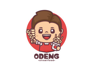 male cartoon character with odeng, culinary mascot