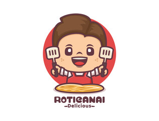 male cartoon character with roti canai, culinary mascot