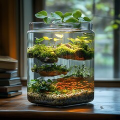 Artistic terrarium photo displaying layered miniature ecosystem inside clear glass container