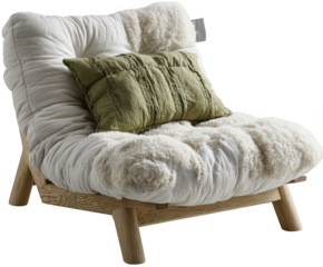 Cozy white tufted armchair with green pillow and sheepskin throw isolated on transparent background