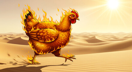 A Chicken Striding Through a Desert Landscape Under a Blazing Sun