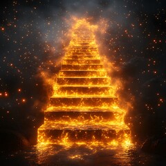 Ascending glowing stairs illuminated by fire and light in a dark photo