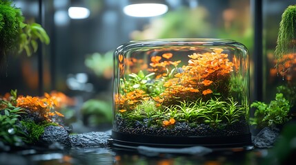 Artistic photo of a stunning terrarium displaying vibrant orange and green plants