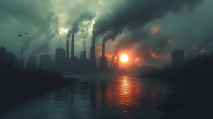 Atmospheric depiction of industrial pollution over a river at sunset photo