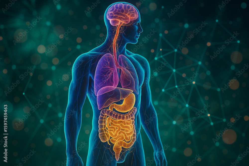 Poster ai generated ultra detailed human anatomy with glowing organs and digital neural network background 