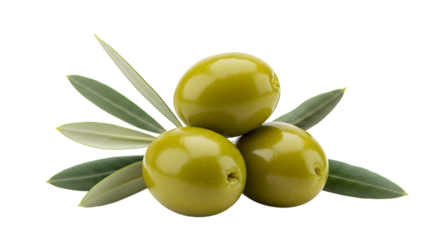 A close-up studio shot features three green olives stacked on top of each other, accented by a small olive branch with leaves.