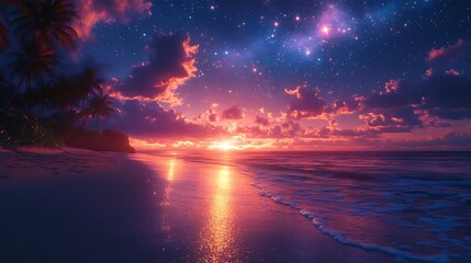 Beautiful beach at dusk with palm trees reflecting the colorful sky and stars photo