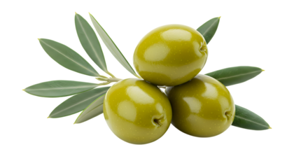A close-up studio shot features three green olives stacked on top of each other, accented by a small olive branch with leaves.