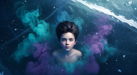 A Young Child Emerging From an Icy Expanse Surrounded by Mystical Swirling Colors