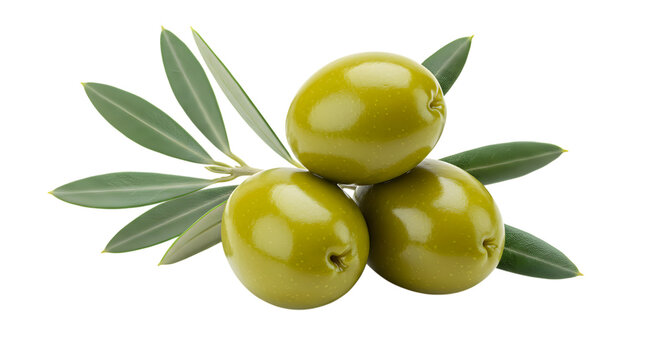 A close-up studio shot features three green olives stacked on top of each other, accented by a small olive branch with leaves.