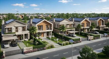 Modern Upscale Houses with Solar Panels in a Sunny Residential Neighborhood