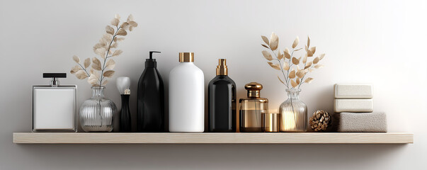 Decorative bathroom shelf displaying various personal care products and ornamental accents in a modern design setting