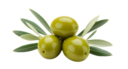 A close-up studio shot features three green olives stacked on top of each other, accented by a small olive branch with leaves.