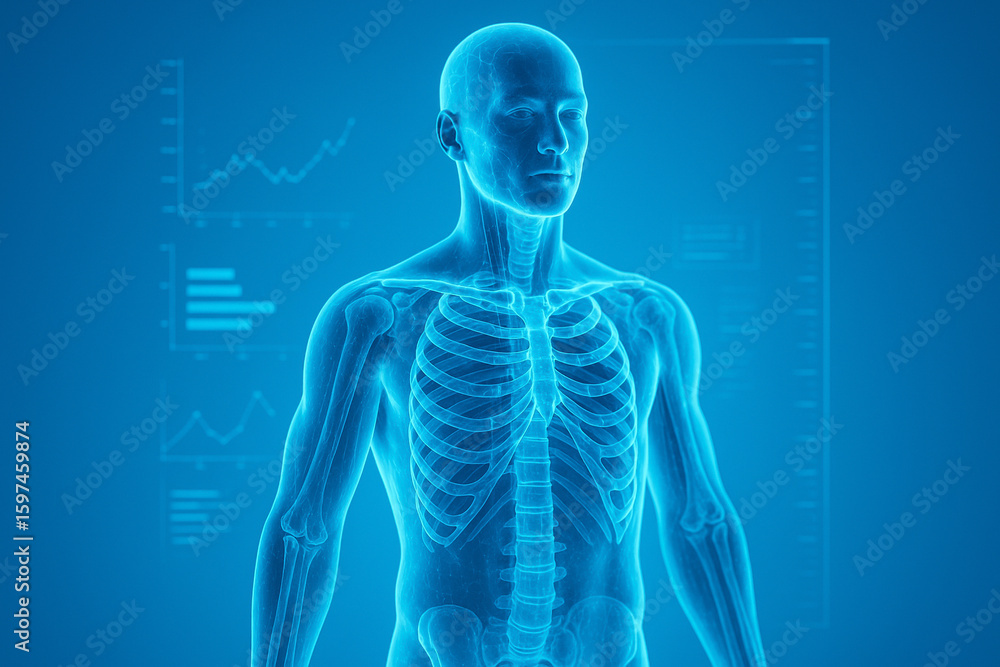 Poster ai generated a transparent holographic upper body scan showing ribs arms and internal anatomy with d