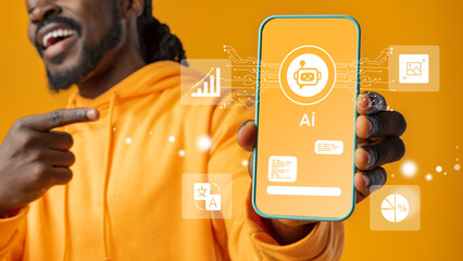 Man showcasing smartphone with AI applications, colorful background, technology enthusiast engaging with digital features