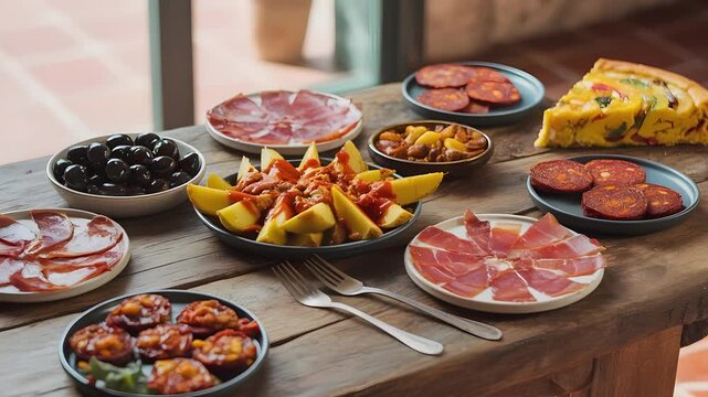 A delicious array of tapas dishes on a wooden table.