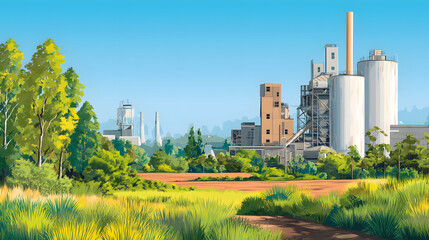 Obraz premium Industrial Landscape Depicting Factory and Vegetation Under a Clear Blue Sky on a Sunny Day