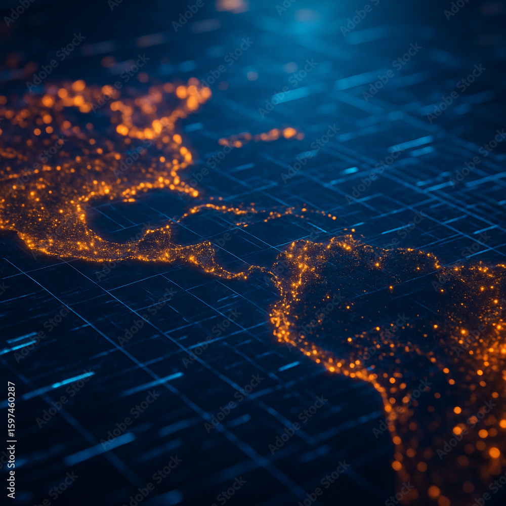 Poster ai generated a glowing abstract world map with orange light dots forming land shapes over a dark blu