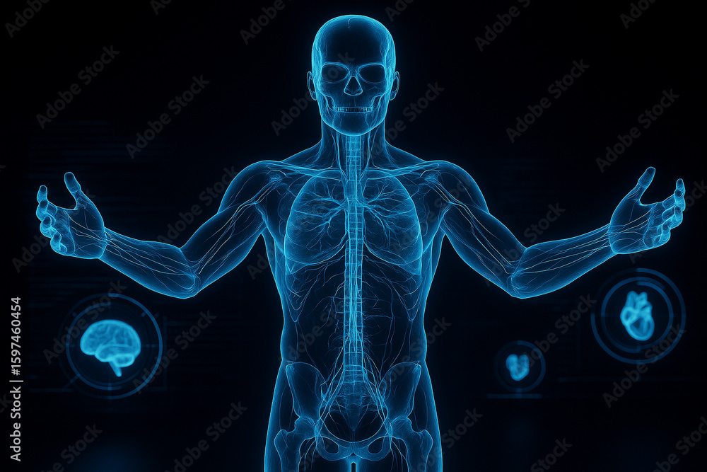 Poster ai generated futuristic holographic male body scan with glowing blue interface showing internal syst