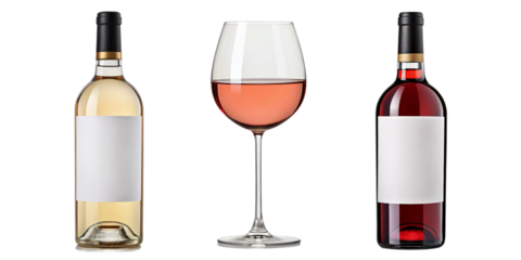 Three bottles and a glass of wine, featuring red, white, and ros varieties with blank labels, isolated on transparent background