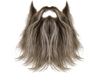 Detailed realistic long brown furry beard with pointed ear accents isolated on transparent background