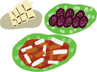 hand-drawn illustration of a popular Korean street food, snack, bunsik
