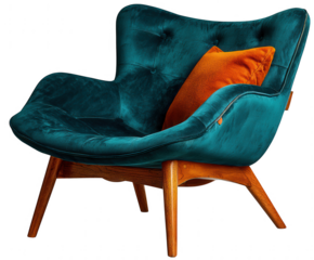 Luxurious teal velvet armchair with orange accent pillow isolated on transparent background