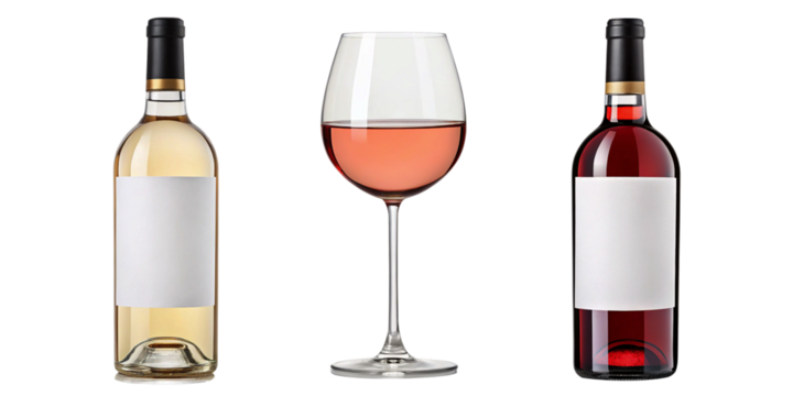 Three bottles and a glass of wine, featuring red, white, and ros varieties with blank labels, isolated on transparent background