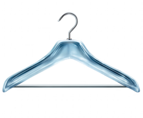 Sleek blue translucent plastic clothes hanger with silver hook isolated on transparent background