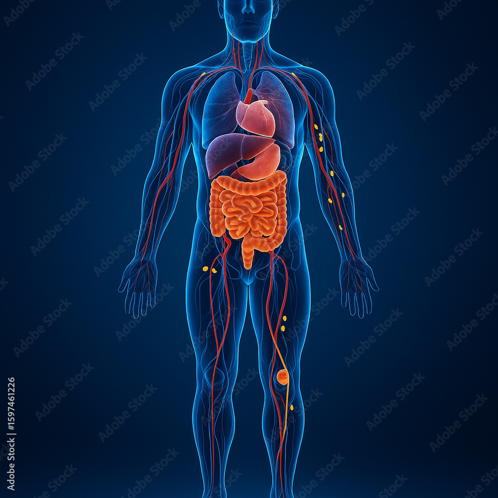 Poster ai generated full body front view showing internal organs with glowing neon highlights in a sci-fi b
