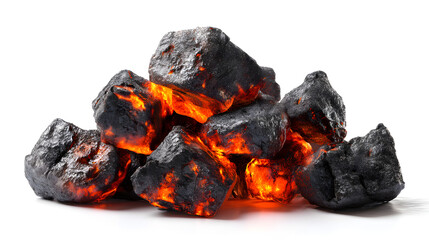 Glowing Hot Charcoal: A Pile of Burning Coal Against a Bright White Backdrop