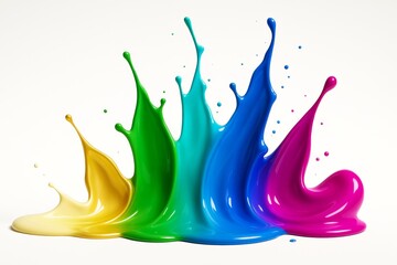 Colorful splashes of liquid paint in yellow, green, cyan, blue, and magenta on a light background in a dynamic abstract graphic concept.