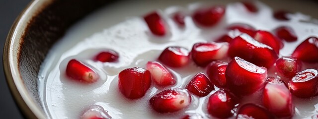 clowe up of bowl of coconut milk and pomegranate seeds on blurred background  Healthy breakfast concert. banner 