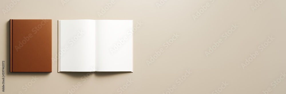 Poster top view of closed and open hardcover books on beige background with clean minimal layout and copy s