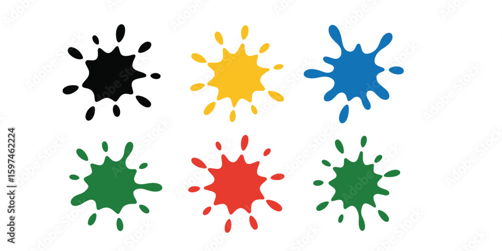 Poster six colorful paint splatters arranged in two rows on a white background in a simple flat design