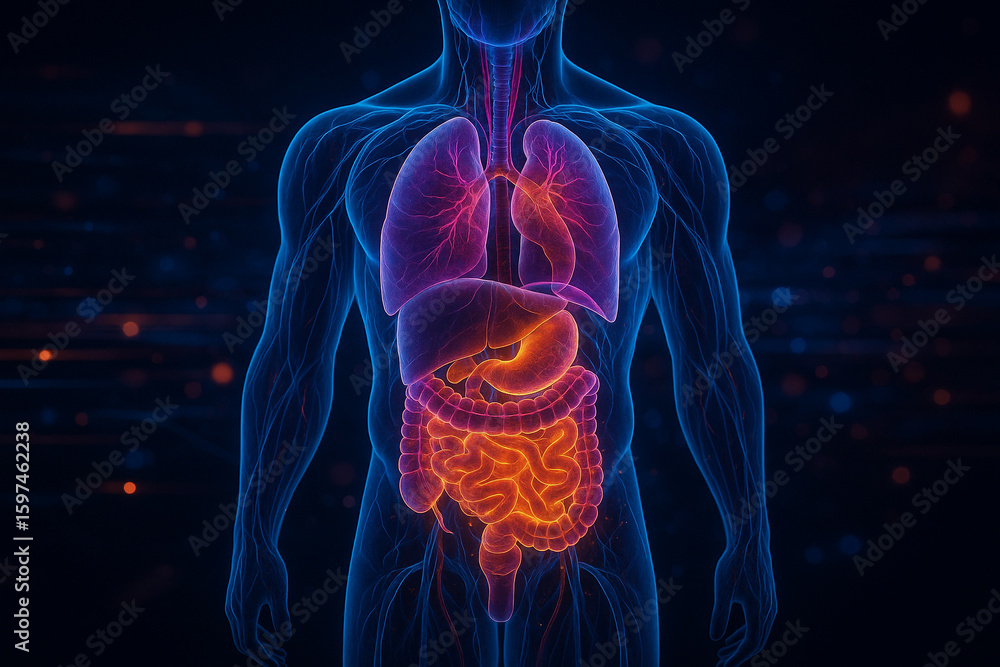 Poster ai generated ultra detailed medical render showing glowing internal organs and nerve system in abstr