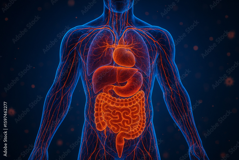 Poster ai generated digital illustration showing the internal human digestive system in glowing neon colors